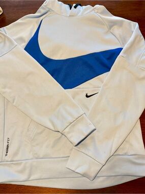 Nike White Hoodie with Blue Swoosh and Black Accent Therma Fit